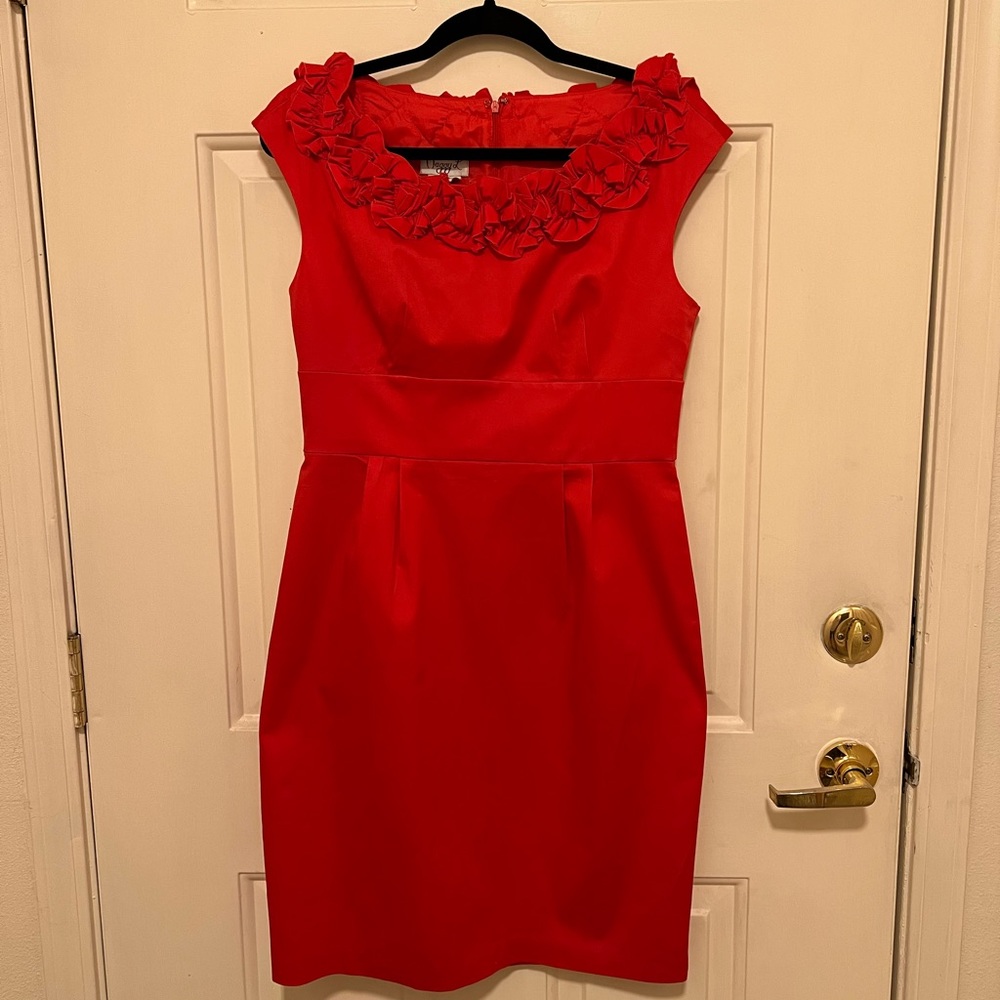 Red party dress with ruffle detail